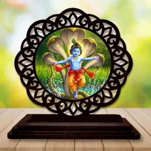 Car Desk/Table Top Lord Krishna Wooden Photo Stand  3x4 Inches, Compact & Stylish Spiritual Display For Car, Home & Office (Pack Of 1) (F19669)
