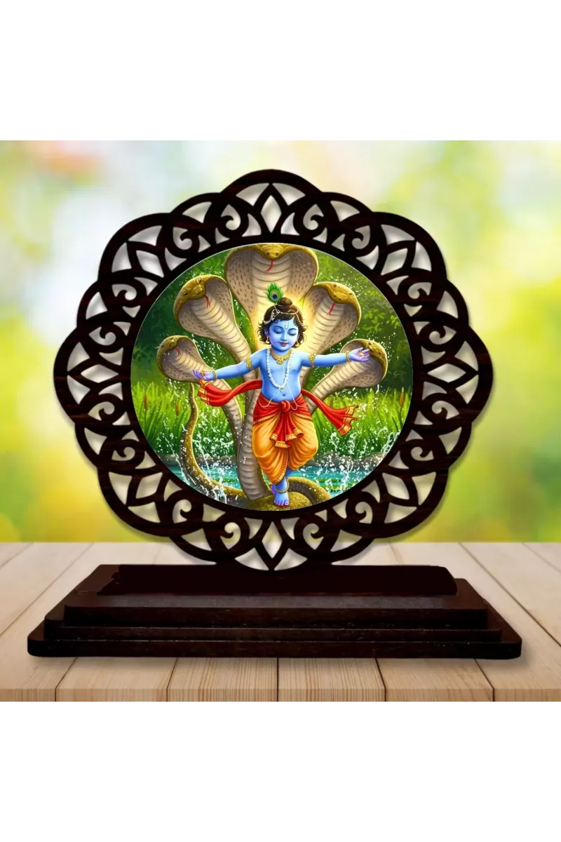 Car Desk/Table Top Lord Krishna Wooden Photo Stand  3x4 Inches, Compact & Stylish Spiritual Display For Car, Home & Office (Pack Of 1) (F19669)