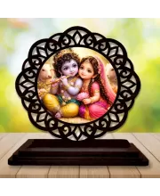 Car Desk/Table Top Radha Krishna Wooden Photo Stand  3x4 Inches, Compact & Stylish Spiritual Display For Car, Home & Office (Pack Of 1) (F19671)
