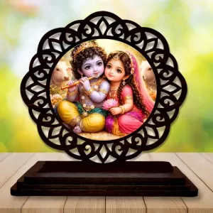Car Desk/Table Top Radha Krishna Wooden Photo Stand  3x4 Inches, Compact & Stylish Spiritual Display For Car, Home & Office (Pack Of 1) (F19671)