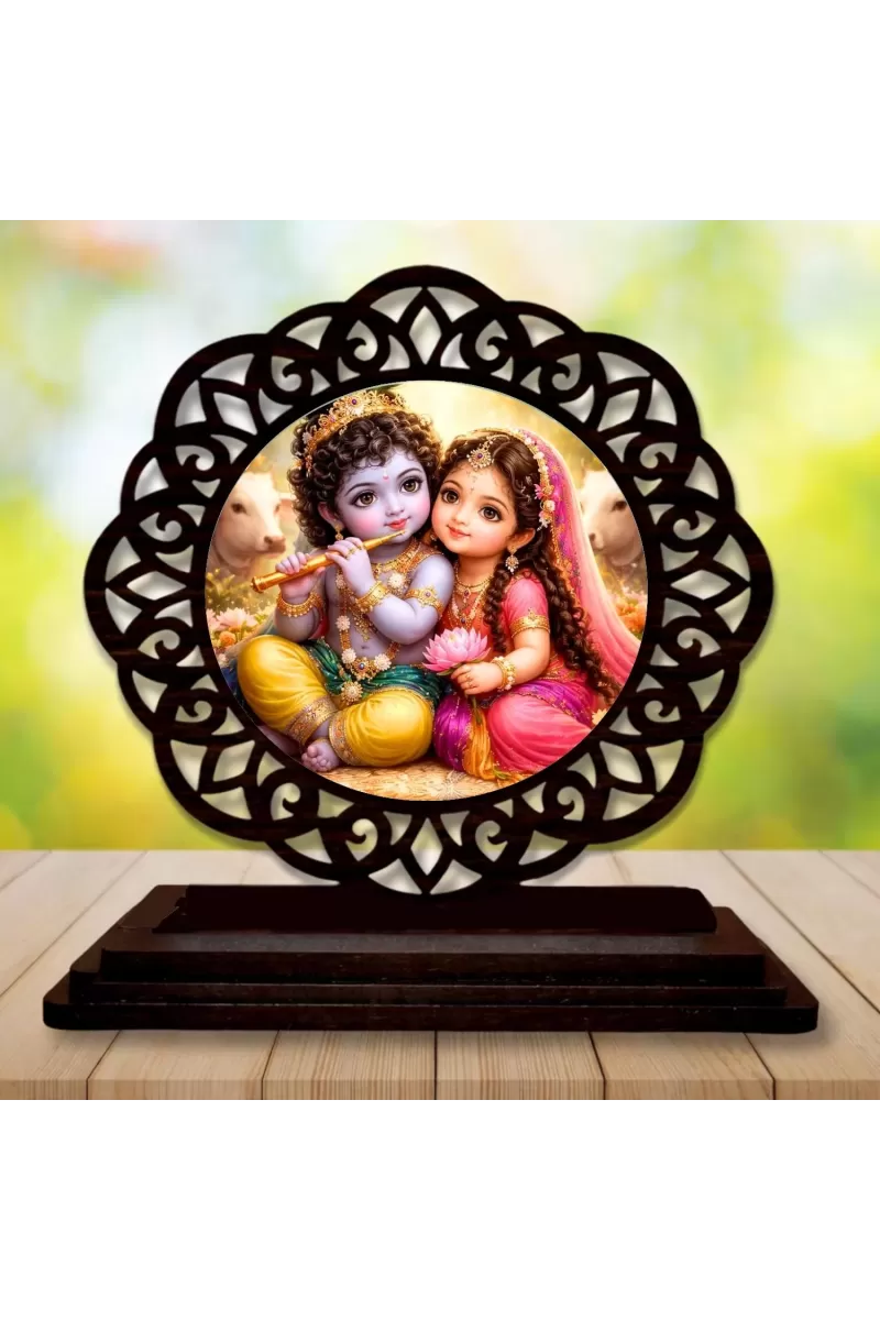 Car Desk/Table Top Radha Krishna Wooden Photo Stand  3x4 Inches, Compact & Stylish Spiritual Display For Car, Home & Office (Pack Of 1) (F19671)