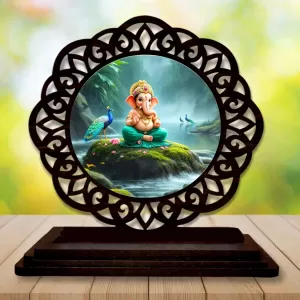 Car Desk/Table Top Lord Ganesha Wooden Photo Stand  3x4 Inches, Compact & Stylish Spiritual Display For Car, Home & Office (Pack Of 1) (F19674)