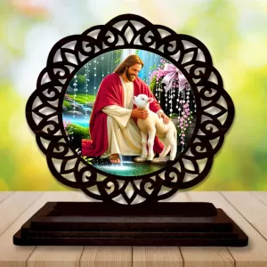 Car Desk/Table Top Lord Jesus Wooden Photo Stand  3x4 Inches, Compact & Stylish Spiritual Display For Car, Home & Office (Pack Of 1) (F19675)