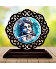 Car Desk/Table Top Lord Krishna Wooden Photo Stand  3x4 Inches, Compact & Stylish Spiritual Display For Car, Home & Office (Pack Of 1) (F19678)