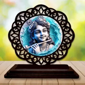 Car Desk/Table Top Lord Krishna Wooden Photo Stand  3x4 Inches, Compact & Stylish Spiritual Display For Car, Home & Office (Pack Of 1) (F19678)