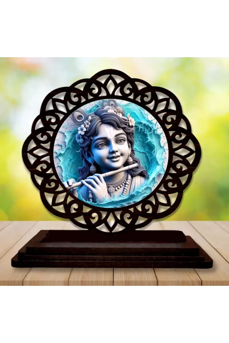 Car Desk/Table Top Lord Krishna Wooden Photo Stand  3x4 Inches, Compact & Stylish Spiritual Display For Car, Home & Office (Pack Of 1) (F19678)