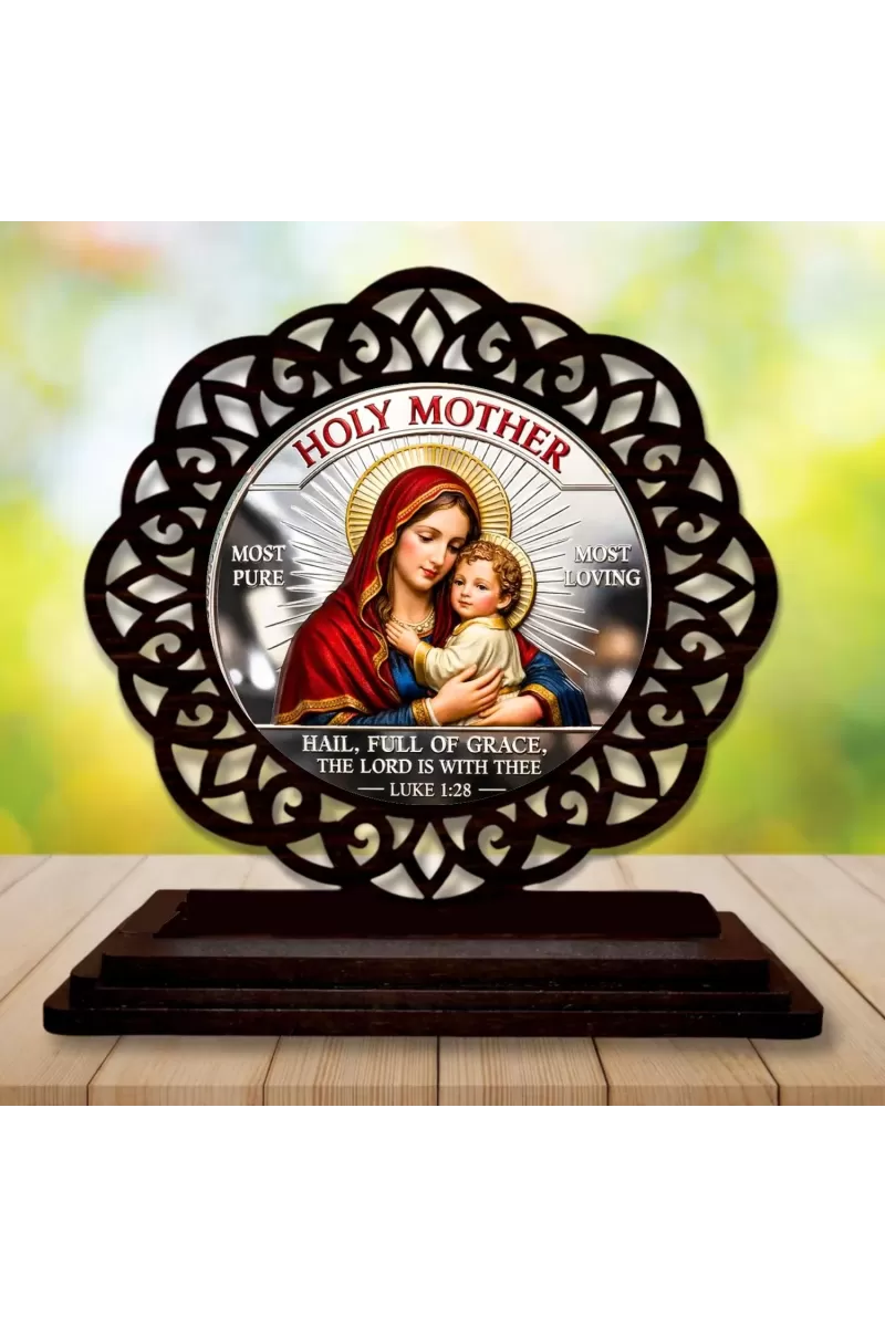 Car Desk/Table Top Lord Jesus And Merry Wooden Photo Stand  3x4 Inches, Compact & Stylish Spiritual Display For Car, Home & Office (Pack Of 1) (F19681)