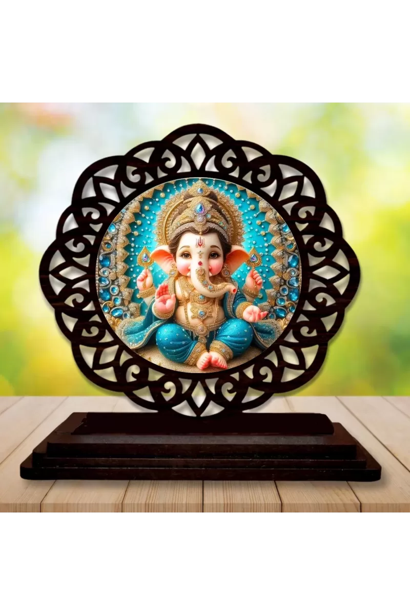 Car Desk/Table Top Lord Gansha Wooden Photo Stand  3x4 Inches, Compact & Stylish Spiritual Display For Car, Home & Office (Pack Of 1) (F19682)