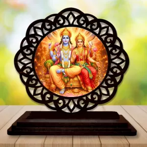 Car Desk/Table Top Lord Vishnu And Lakshmi Wooden Photo Stand  3x4 Inches, Compact & Stylish Spiritual Display For Car, Home & Office (Pack Of 1) (F19684)