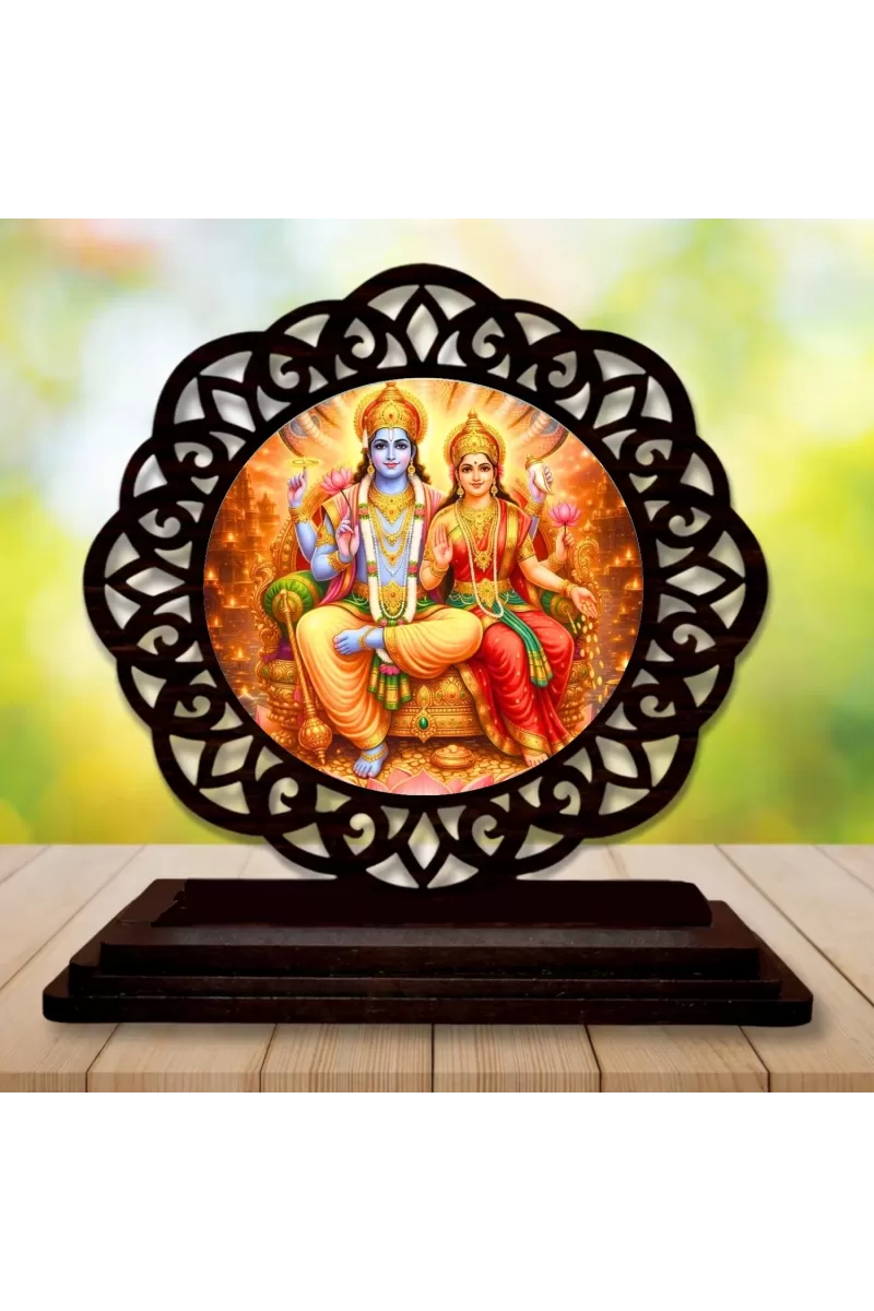 Car Desk/Table Top Lord Vishnu And Lakshmi Wooden Photo Stand  3x4 Inches, Compact & Stylish Spiritual Display For Car, Home & Office (Pack Of 1) (F19684)