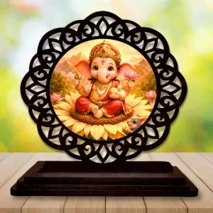 Car Desk/Table Top Lord Ganesha Wooden Photo Stand  3x4 Inches, Compact & Stylish Spiritual Display For Car, Home & Office (Pack Of 1) (F19686)