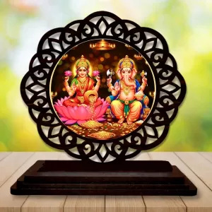 Car Desk/Table Top Lord Ganesha And Lakshmi Wooden Photo Stand  3x4 Inches, Compact & Stylish Spiritual Display For Car, Home & Office (Pack Of 1) (F19687)