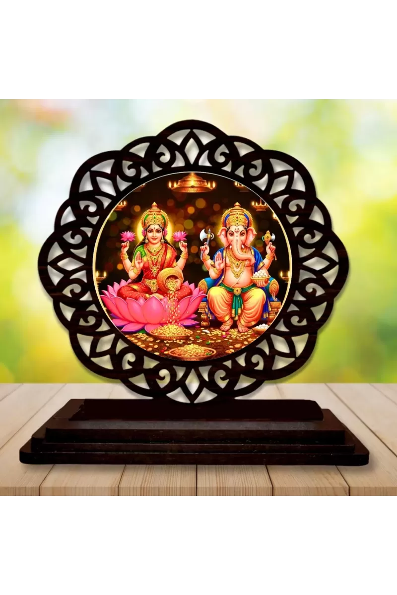 Car Desk/Table Top Lord Ganesha And Lakshmi Wooden Photo Stand  3x4 Inches, Compact & Stylish Spiritual Display For Car, Home & Office (Pack Of 1) (F19687)