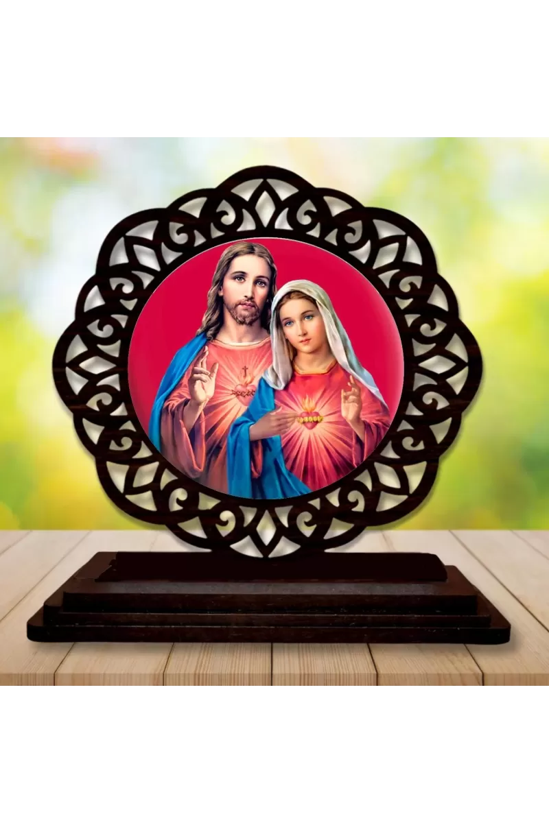 Car Desk/Table Top Lord Jesus And Merry Wooden Photo Stand  3x4 Inches, Compact & Stylish Spiritual Display For Car, Home & Office (Pack Of 1) (F19688)