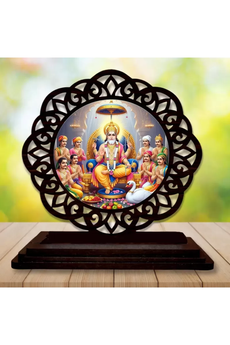 Car Desk/Table Top Lord Bramha Wooden Photo Stand  3x4 Inches, Compact & Stylish Spiritual Display For Car, Home & Office (Pack Of 1) (F19690)