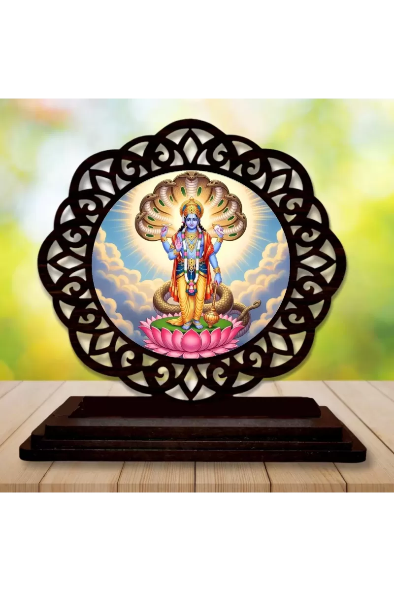 Car Desk/Table Top Lord Vishnu Wooden Photo Stand  3x4 Inches, Compact & Stylish Spiritual Display For Car, Home & Office (Pack Of 1) (F19696)