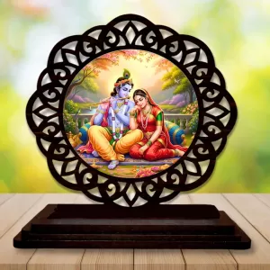 Car Desk/Table Top Radha Krishna Wooden Photo Stand  3x4 Inches, Compact & Stylish Spiritual Display For Car, Home & Office (Pack Of 1) (F19699)