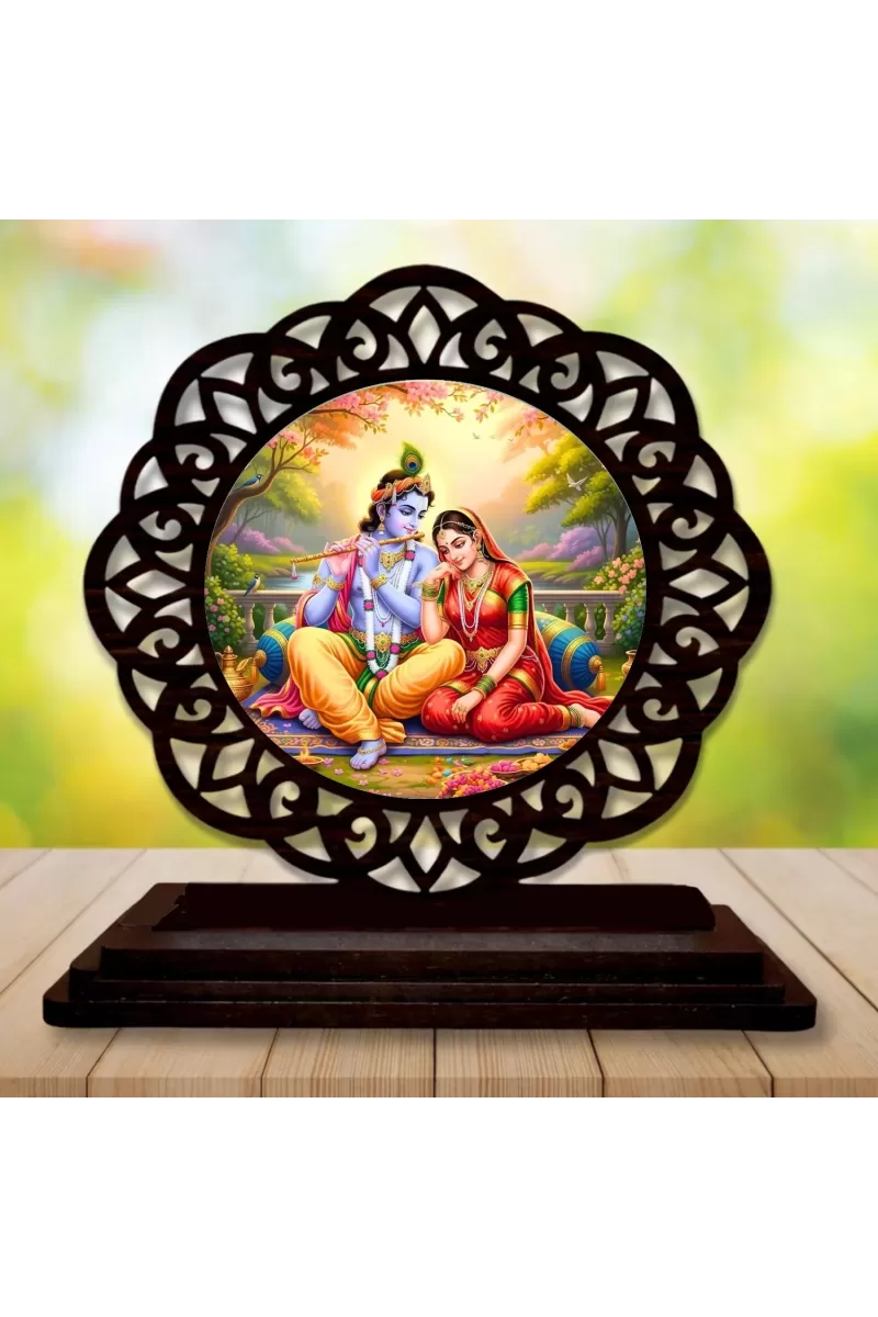 Car Desk/Table Top Radha Krishna Wooden Photo Stand  3x4 Inches, Compact & Stylish Spiritual Display For Car, Home & Office (Pack Of 1) (F19699)