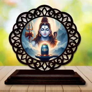 Car Desk/Table Top Lord Shiva Wooden Photo Stand  3x4 Inches, Compact & Stylish Spiritual Display For Car, Home & Office (Pack Of 1) (F19700)