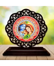 Car Desk/Table Top Radha Krishna Wooden Photo Stand  3x4 Inches, Compact & Stylish Spiritual Display For Car, Home & Office (Pack Of 1) (F19701)