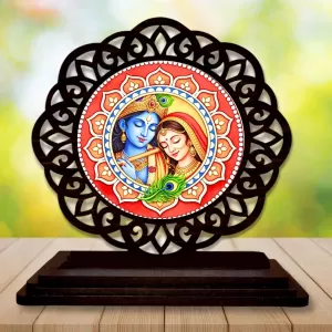 Car Desk/Table Top Radha Krishna Wooden Photo Stand  3x4 Inches, Compact & Stylish Spiritual Display For Car, Home & Office (Pack Of 1) (F19701)