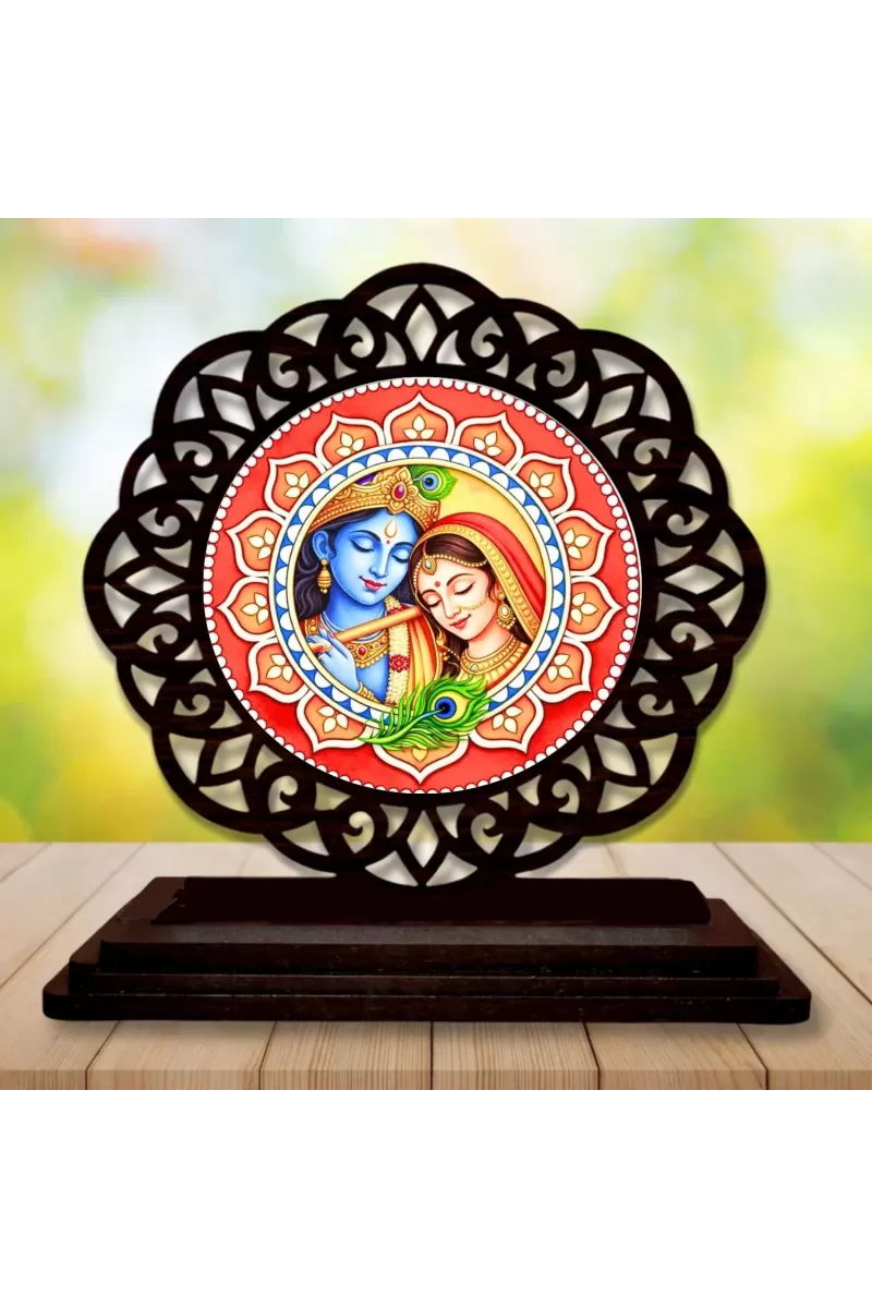 Car Desk/Table Top Radha Krishna Wooden Photo Stand  3x4 Inches, Compact & Stylish Spiritual Display For Car, Home & Office (Pack Of 1) (F19701)
