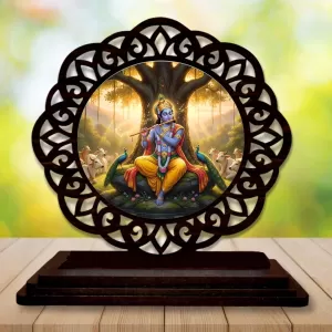 Car Desk/Table Top Lord Krishna Wooden Photo Stand  3x4 Inches, Compact & Stylish Spiritual Display For Car, Home & Office (Pack Of 1) (F19702)