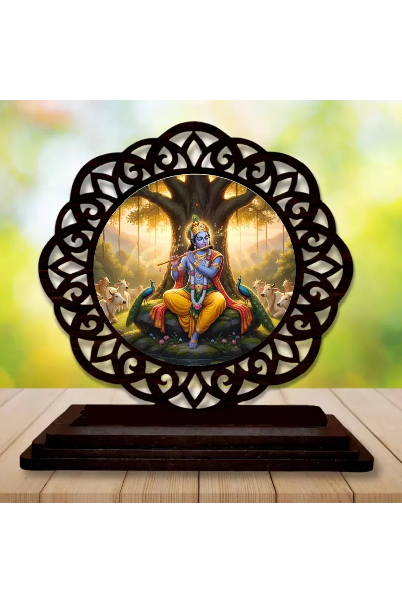 Car Desk/Table Top Lord Krishna Wooden Photo Stand  3x4 Inches, Compact & Stylish Spiritual Display For Car, Home & Office (Pack Of 1) (F19702)