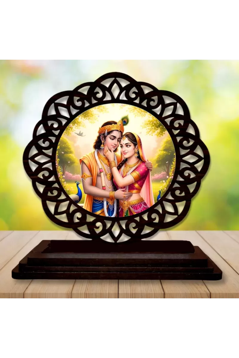 Car Desk/Table Top Radha Krishna Wooden Photo Stand  3x4 Inches, Compact & Stylish Spiritual Display For Car, Home & Office (Pack Of 1) (F19705)
