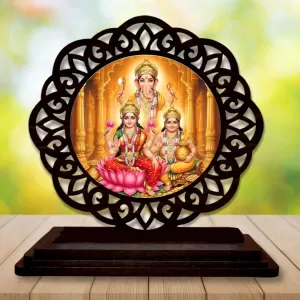 Car Desk/Table Top Lord Ganesha And Lakshmi And Kubera Wooden Photo Stand  3x4 Inches, Compact & Stylish Spiritual Display For Car, Home & Office (Pack Of 1) (F19708)