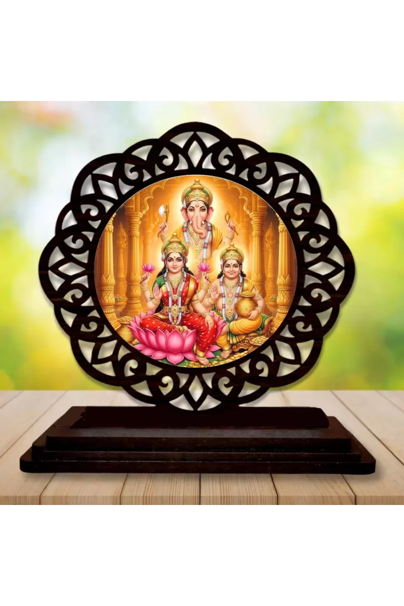 Car Desk/Table Top Lord Ganesha And Lakshmi And Kubera Wooden Photo Stand  3x4 Inches, Compact & Stylish Spiritual Display For Car, Home & Office (Pack Of 1) (F19708)
