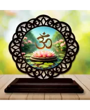 Car Desk/Table Top Om Symbol Wooden Photo Stand  3x4 Inches, Compact & Stylish Spiritual Display For Car, Home & Office (Pack Of 1) (F19709)