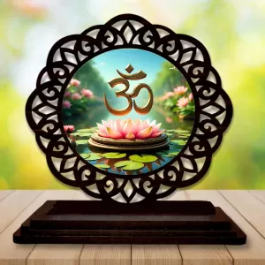 Car Desk/Table Top Om Symbol Wooden Photo Stand  3x4 Inches, Compact & Stylish Spiritual Display For Car, Home & Office (Pack Of 1) (F19709)