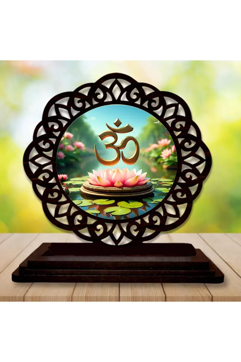 Car Desk/Table Top Om Symbol Wooden Photo Stand  3x4 Inches, Compact & Stylish Spiritual Display For Car, Home & Office (Pack Of 1) (F19709)