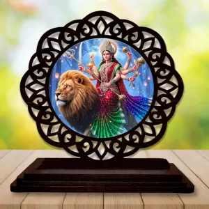 Car Desk/Table Top Goddess Durga Matha Wooden Photo Stand  3x4 Inches, Compact & Stylish Spiritual Display For Car, Home & Office (Pack Of 1) (F19710)