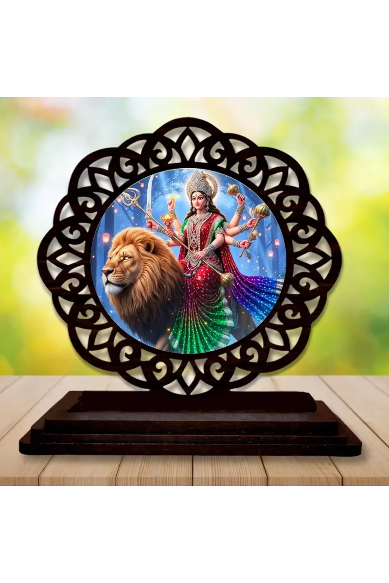 Car Desk/Table Top Goddess Durga Matha Wooden Photo Stand  3x4 Inches, Compact & Stylish Spiritual Display For Car, Home & Office (Pack Of 1) (F19710)