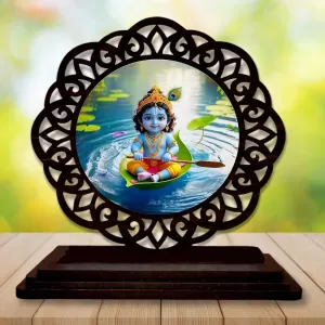 Car Desk/Table Top Lord Krishna Wooden Photo Stand  3x4 Inches, Compact & Stylish Spiritual Display For Car, Home & Office (Pack Of 1) (F19714)