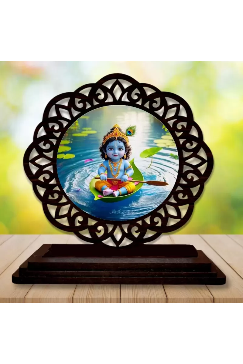 Car Desk/Table Top Lord Krishna Wooden Photo Stand  3x4 Inches, Compact & Stylish Spiritual Display For Car, Home & Office (Pack Of 1) (F19714)