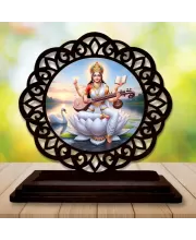 Car Desk/Table Top Goddess Saraswathi Wooden Photo Stand  3x4 Inches, Compact & Stylish Spiritual Display For Car, Home & Office (Pack Of 1) (F19715)