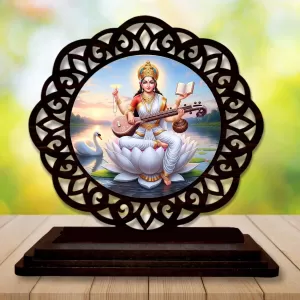 Car Desk/Table Top Goddess Saraswathi Wooden Photo Stand  3x4 Inches, Compact & Stylish Spiritual Display For Car, Home & Office (Pack Of 1) (F19715)