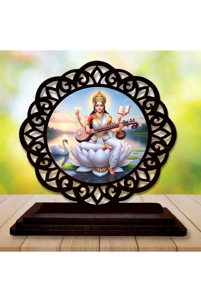 Car Desk/Table Top Goddess Saraswathi Wooden Photo Stand  3x4 Inches, Compact & Stylish Spiritual Display For Car, Home & Office (Pack Of 1) (F19715)