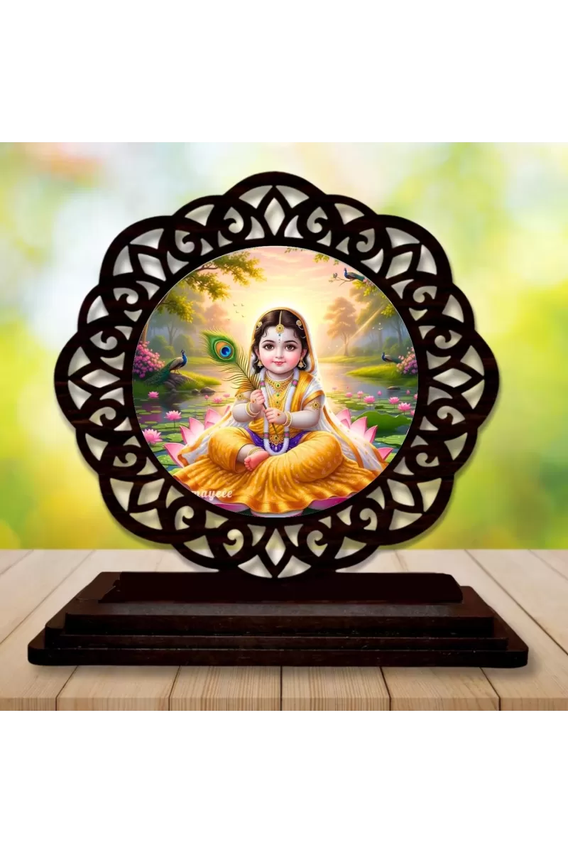 Car Desk/Table Top Little Radha Wooden Photo Stand  3x4 Inches, Compact & Stylish Spiritual Display For Car, Home & Office (Pack Of 1) (F19717)