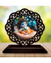 Car Desk/Table Top Lord Krishna Wooden Photo Stand  3x4 Inches, Compact & Stylish Spiritual Display For Car, Home & Office (Pack Of 1) (F19719)