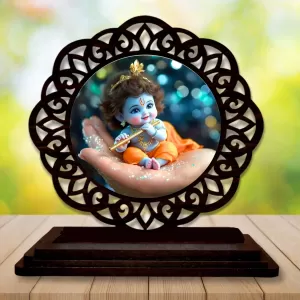 Car Desk/Table Top Lord Krishna Wooden Photo Stand  3x4 Inches, Compact & Stylish Spiritual Display For Car, Home & Office (Pack Of 1) (F19719)