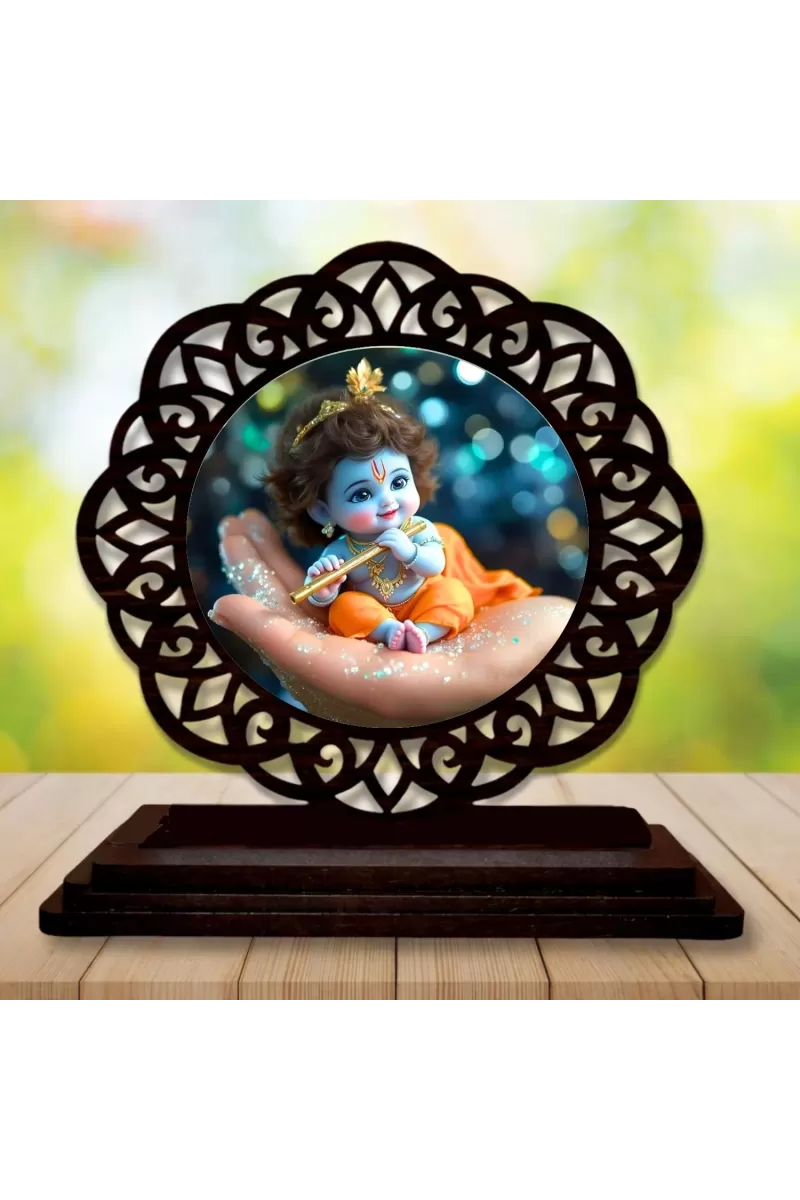 Car Desk/Table Top Lord Krishna Wooden Photo Stand  3x4 Inches, Compact & Stylish Spiritual Display For Car, Home & Office (Pack Of 1) (F19719)
