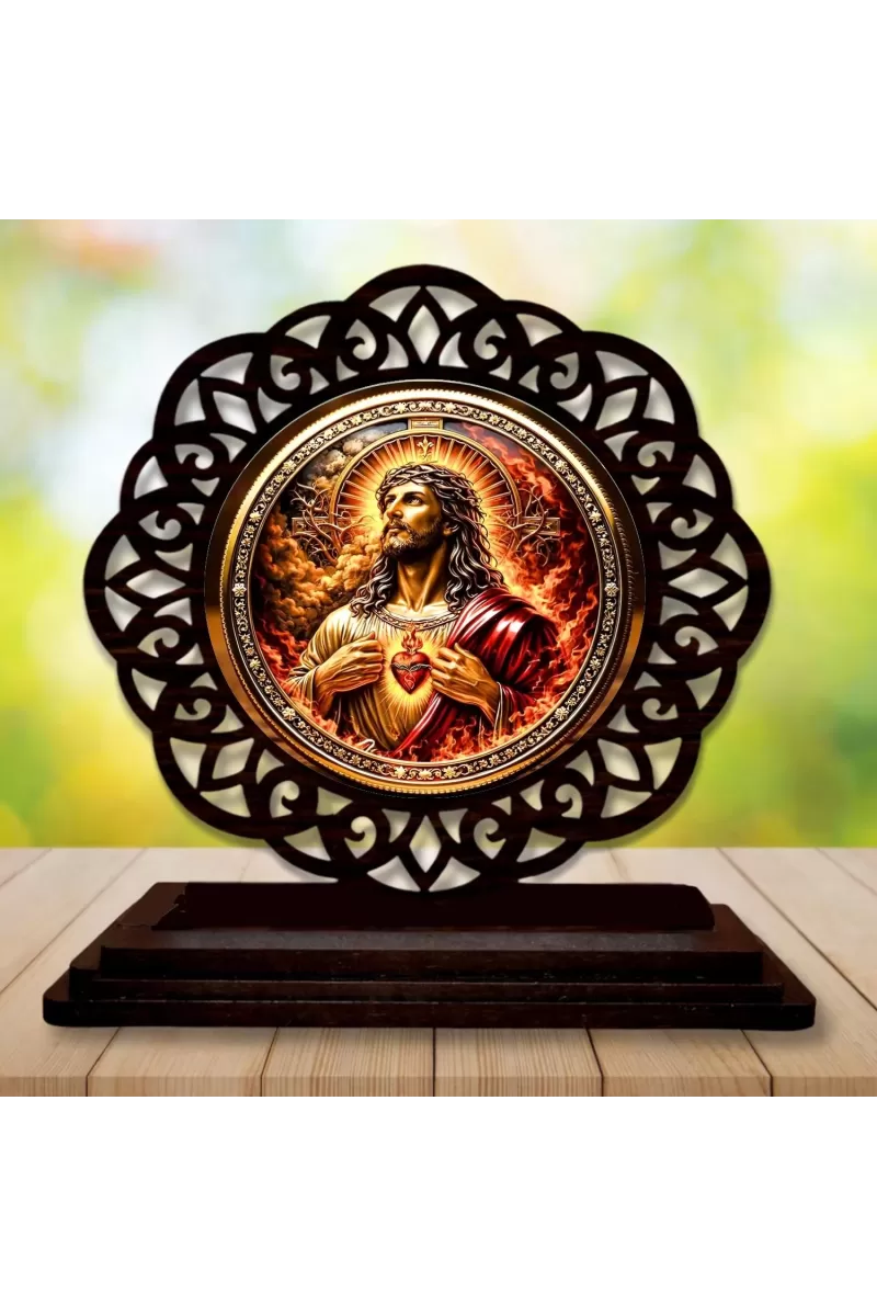 Car Desk/Table Top Lord Jesus Wooden Photo Stand  3x4 Inches, Compact & Stylish Spiritual Display For Car, Home & Office (Pack Of 1) (F19720)