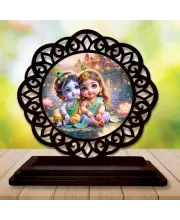 Car Desk/Table Top Radha Krishna Wooden Photo Stand  3x4 Inches, Compact & Stylish Spiritual Display For Car, Home & Office (Pack Of 1) (F19721)