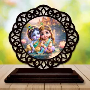 Car Desk/Table Top Radha Krishna Wooden Photo Stand  3x4 Inches, Compact & Stylish Spiritual Display For Car, Home & Office (Pack Of 1) (F19721)