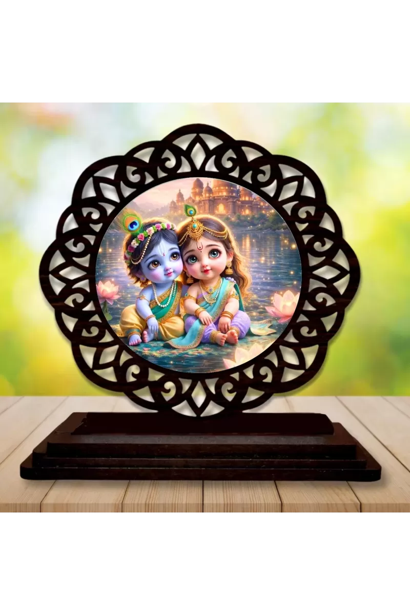 Car Desk/Table Top Radha Krishna Wooden Photo Stand  3x4 Inches, Compact & Stylish Spiritual Display For Car, Home & Office (Pack Of 1) (F19721)