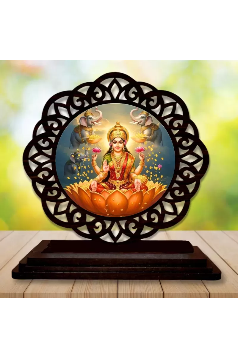 Car Desk/Table Top Goddess Lakshmi Wooden Photo Stand  3x4 Inches, Compact & Stylish Spiritual Display For Car, Home & Office (Pack Of 1) (F19722)
